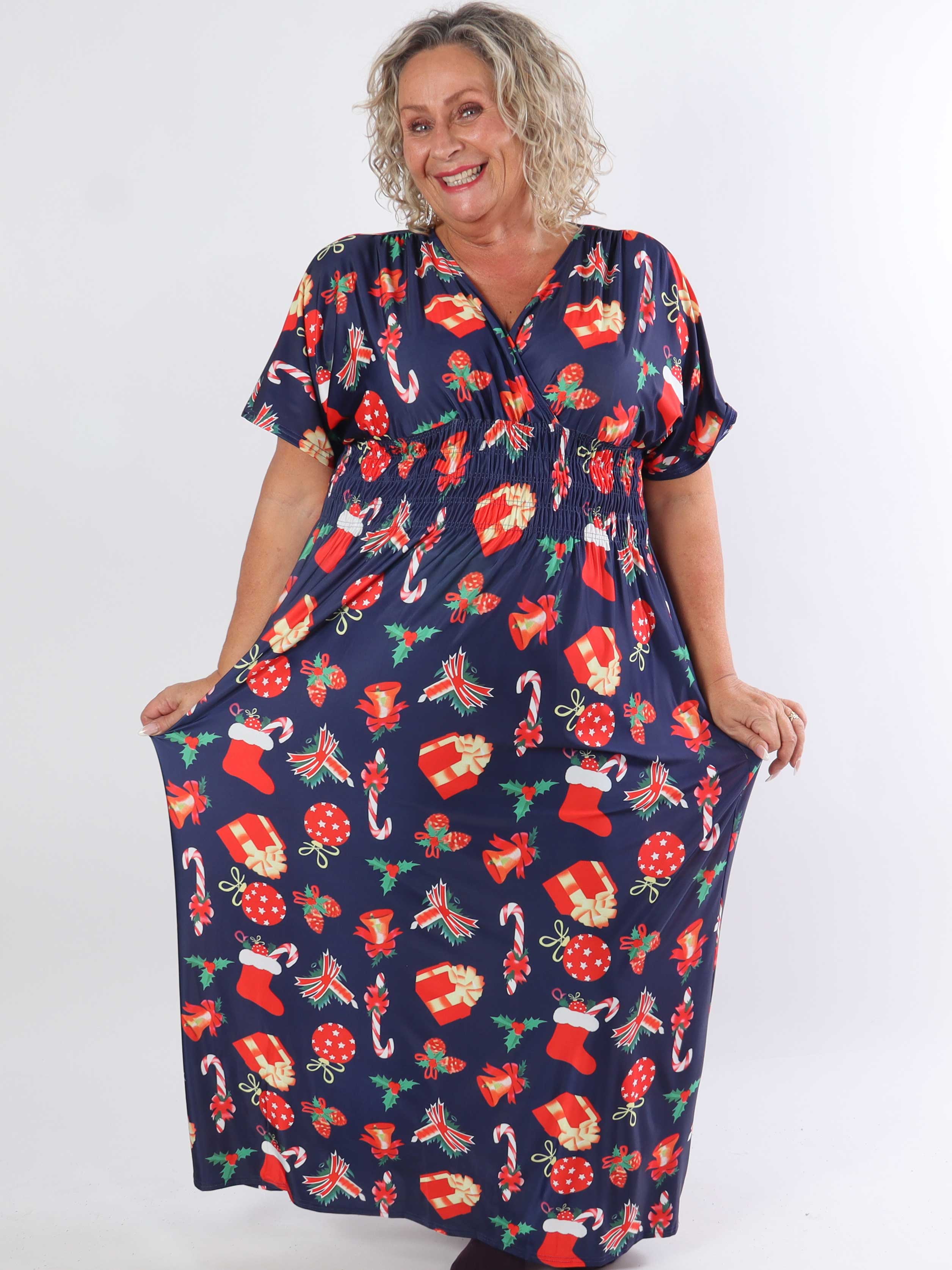 Pams Holiday - Lang elastisk plus size kjole med julemotiver